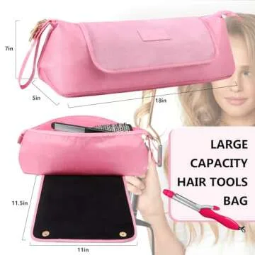 GERYUAEG Large Hair Tools Travel Bag with Heat Resistant Mat for Straighteners, Curling Iron, Haircare Accessories, Hair Styling Tools Bag with Silicone Mat (Pink)