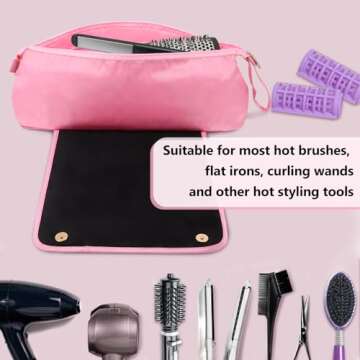 GERYUAEG Large Hair Tools Travel Bag with Heat Resistant Mat for Straighteners, Curling Iron, Haircare Accessories, Hair Styling Tools Bag with Silicone Mat (Pink)