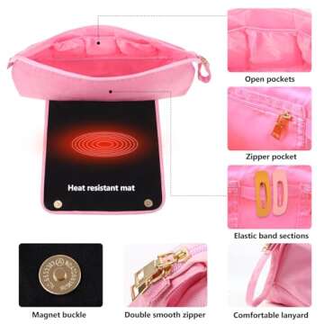 GERYUAEG Large Hair Tools Travel Bag with Heat Resistant Mat for Straighteners, Curling Iron, Haircare Accessories, Hair Styling Tools Bag with Silicone Mat (Pink)