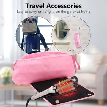 GERYUAEG Large Hair Tools Travel Bag with Heat Resistant Mat for Straighteners, Curling Iron, Haircare Accessories, Hair Styling Tools Bag with Silicone Mat (Pink)