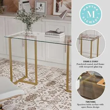 Martha Stewart Eli Home Office Desk with Glass Top and Steel Frame, Polished Brass