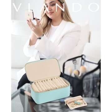 Vlando Travel Jewelry Case,Jewelry Travel Organizer for 12 Pcs Velvet Jewelry Pouches,Jewelry Box for Travelers Women Girls Christmas Birthday Gifts Trendy Stuff -Lake Blue