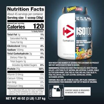 Dymatize ISO100 Whey Protein Powder Isolate, Fruity Pebbles, 25g of Protein, 3 Pound, 5.5g BCAAs, Less Than 120 Cal., Gluten Free, 1g Fat, 1g Sugar, 2g Carb