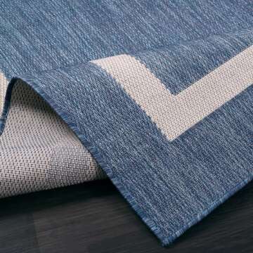 Beverly Rug Waikiki Indoor Outdoor Rug 5x7 Washable Outside Carpet for Patio Deck Porch Bordered Modern Area Rug Water Resistant Blue - White