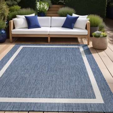 Beverly Rug Waikiki Indoor Outdoor Rug 5x7 Washable Outside Carpet for Patio Deck Porch Bordered Modern Area Rug Water Resistant Blue - White
