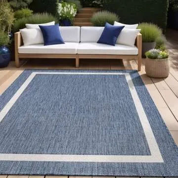 Beverly Rug Waikiki Indoor Outdoor Rug 5x7 Washable Outside Carpet for Patio Deck Porch Bordered Modern Area Rug Water Resistant Blue - White