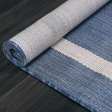 Beverly Rug Waikiki Indoor Outdoor Rug 5x7 Washable Outside Carpet for Patio Deck Porch Bordered Modern Area Rug Water Resistant Blue - White