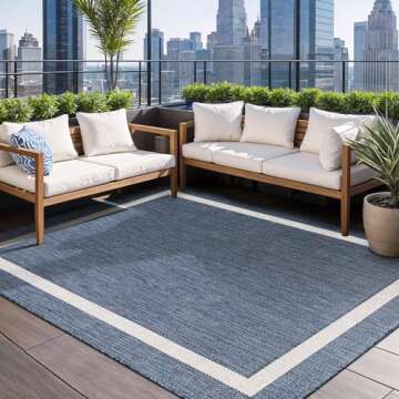 Beverly Rug Waikiki Indoor Outdoor Rug 5x7 Washable Outside Carpet for Patio Deck Porch Bordered Modern Area Rug Water Resistant Blue - White