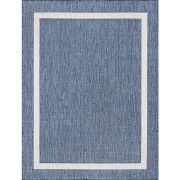 Beverly Rug Waikiki Indoor Outdoor Rug 5x7 Washable Outside Carpet for Patio Deck Porch Bordered Modern Area Rug Water Resistant Blue - White