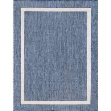 Beverly Rug Waikiki Indoor Outdoor Rug 5x7 Washable Outside Carpet for Patio Deck Porch Bordered Modern Area Rug Water Resistant Blue - White