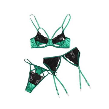 WDIRARA Women's 3 Pieces Mesh Ruffle Sexy Garter Lingerie Set in Black & Dark Green
