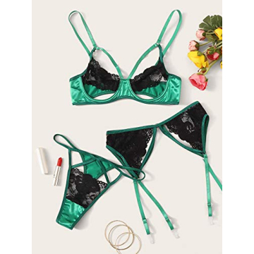 WDIRARA Women's Mesh Ruffle Garter Lingerie Set