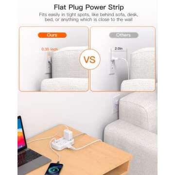 Flat Extension Cord, 5FT Flat Plug Power Strip with USB C, 6 Outlets 4 USB Port(2 USB C), No Surge P...