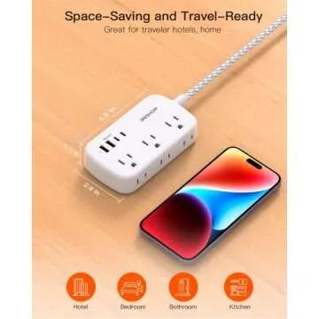 Flat Extension Cord, 5FT Flat Plug Power Strip with USB C, 6 Outlets 4 USB Port(2 USB C), No Surge Protector, Cruise Ship, Dorm Room Travel Essentials