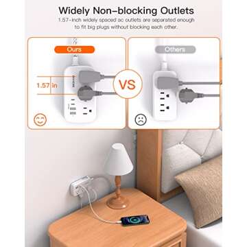 Flat Extension Cord, 5FT Flat Plug Power Strip with USB C, 6 Outlets 4 USB Port(2 USB C), No Surge Protector, Cruise Ship, Dorm Room Travel Essentials