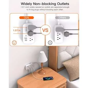 Flat Extension Cord, 5FT Flat Plug Power Strip with USB C, 6 Outlets 4 USB Port(2 USB C), No Surge Protector, Cruise Ship, Dorm Room Travel Essentials