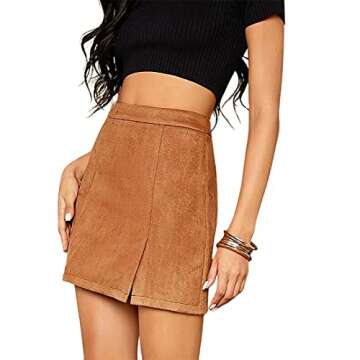VNDFLAG Women's High Waist Faux Suede Side Split Bodycon Short Mini Skirt