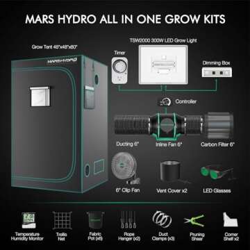 MARS HYDRO 4x4 Grow Tent Kit Complete System,300W TSW2000 High Yield Dimmable Light,48"x48"x80" 1680D High Reflective Mylar,with 6inch 32dB,402CFM Adjustable Speed Ventilation System,10 Speed Clip Fan