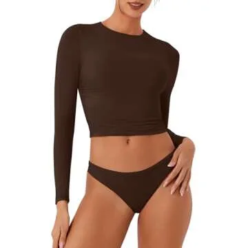 Stunning REORIA Women's Long Sleeve Double Layer Crop Top Cocoa Large