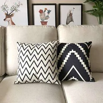 ULOVE LOVE YOURSELF Square Decorative Throw Pillows Cushion Covers Cotton Linen Black& Beige Stripes Modern Geometry Print Home Pillowcases 18 X 18 Inch,4 Pack(Stripe -1)