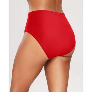 Tempt Me Womens Red High Cut High Waisted Bikini Bottoms Tummy Control Bathing Suit Bottoms Swim Bottom Swimsuit Bottom L