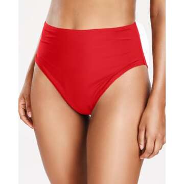 Tempt Me Womens Red High Cut High Waisted Bikini Bottoms Tummy Control Bathing Suit Bottoms Swim Bottom Swimsuit Bottom L