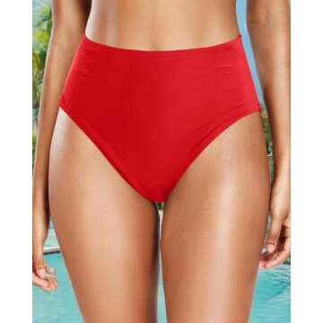 Tempt Me Womens Red High Cut High Waisted Bikini Bottoms Tummy Control Bathing Suit Bottoms Swim Bottom Swimsuit Bottom L