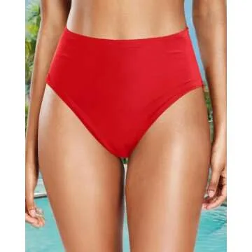 Tempt Me Womens Red High Cut High Waisted Bikini Bottoms Tummy Control Bathing Suit Bottoms Swim Bottom Swimsuit Bottom L