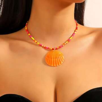 Obmyec Boho Shell Beaded Choker Necklace Conch Statement Chunky Necklace Mermaid Beach Necklace Jewe...