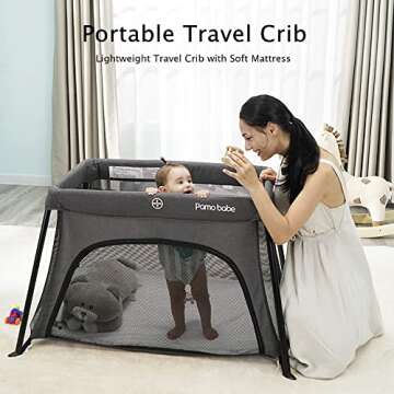 Pamo Babe Travel Crib Lightweight Portable Playard with Comfortable Mattress Light Playpen for Baby and Toddler with Carry-on Handbag Safe Baby Crib for Play and Sleeping with Sturdy & Removable Legs