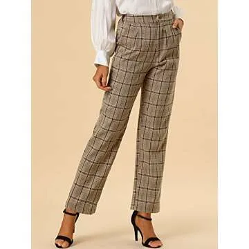 Allegra K Women's Plaid Pants Elastic Waist Casual Work Office Long Trousers X-Small Light Brown