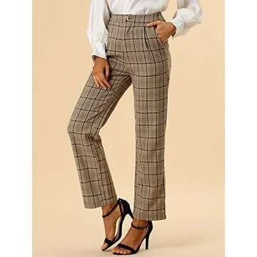 Allegra K Women's Plaid Pants Elastic Waist Casual Work Office Long Trousers X-Small Light Brown