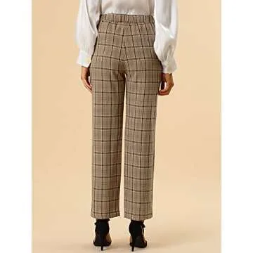 Allegra K Women's Plaid Pants Elastic Waist Casual Work Office Long Trousers X-Small Light Brown