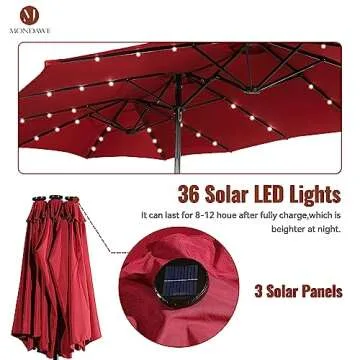 MONDAWE 15ft Double Sided Patio Umbrella with Solar Lights (Base Included) Large Outdoor Table Umbrella Rectangular Market Umbrella with Hand Crank 36 LED 12 Ribs for Outside Backyard Poolside