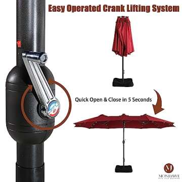 MONDAWE 15ft Double Sided Patio Umbrella with Solar Lights (Base Included) Large Outdoor Table Umbrella Rectangular Market Umbrella with Hand Crank 36 LED 12 Ribs for Outside Backyard Poolside