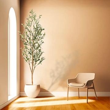 Bellacat Faux Olive Tree 7ft，Olive Trees Artificial Indoor with Natural Wood Trunk and Realistic Leaves and Fruits. 7 Feet(84in) Fake Olive Tree for Home House Office Décor.