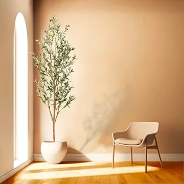 Bellacat Faux Olive Tree 7ft，Olive Trees Artificial Indoor with Natural Wood Trunk and Realistic Leaves and Fruits. 7 Feet(84in) Fake Olive Tree for Home House Office Décor.