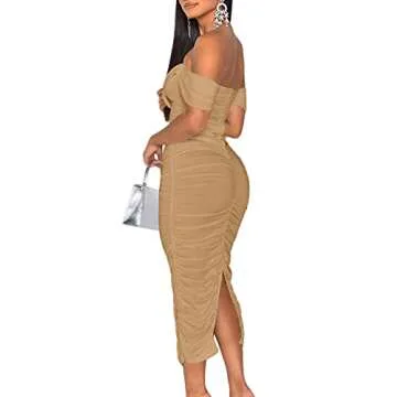HOCILLE Women's Sexy Ruched Bodycon Strapless Off Shoulder Midi Club Party Tube Dress, Medium, Khaki