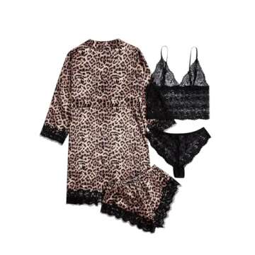 WDIRARA Women' Silk Satin Pajamas Set 4pcs Lingerie Floral Lace Cami Sleepwear with Robe Black Leopa...
