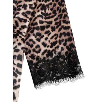 WDIRARA Women' Silk Satin Pajamas Set 4pcs Lingerie Floral Lace Cami Sleepwear with Robe Black Leopard M
