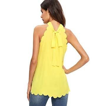MakeMeChic Women's Sleeveless Halter Neck Tank Self Tie Scallop Blouse Top Yellow S