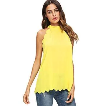 MakeMeChic Scallop Sleeve Blouse - Elegant Yellow Top
