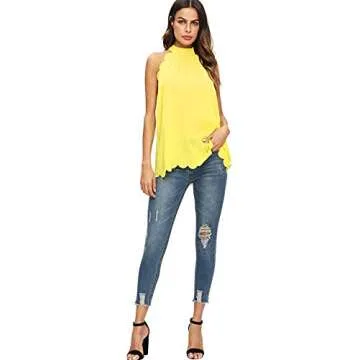 MakeMeChic Scallop Sleeve Blouse - Elegant Yellow Top