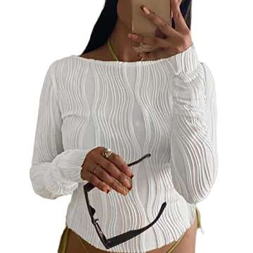 Womens Long Sleeve Tee Shirt Knit Crewneck Slim Fit Basic Crop Tops Sexy Blouses Trendy Going Out Streetwear(A-White,Medium)