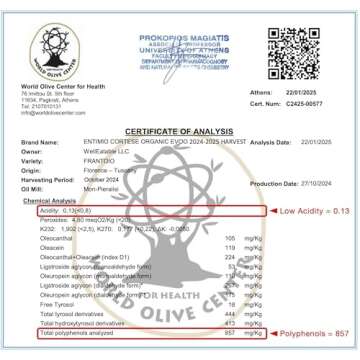 Entimio Cortese +700 mg/kg Polyphenol Rich Organic Extra Virgin Olive Oil, New 2024-2025 Early Harvest Italian Olive Oil from Tuscany, Italy, 2024 Gold Winner, Cold Extracted, Lab Tested - 16.9 fl oz