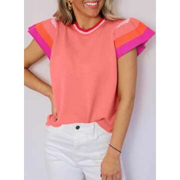 SHEWIN Womens Fashion 2025 Casual Cap Sleeve Cute Summer Tops Loose Crewneck Shirts Lightweight Knit...