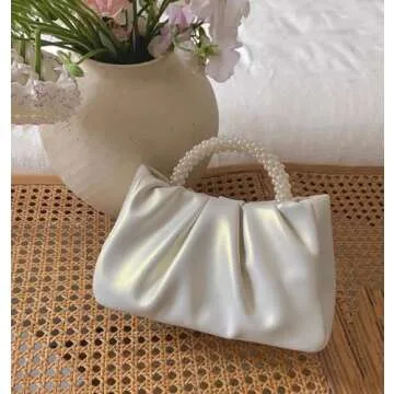 Beatfull Evening Purse Women Small Pearl Handbags Soft Leather Ruched Bag Wedding Bridal Clutch Party Prom Crossbody Purses White