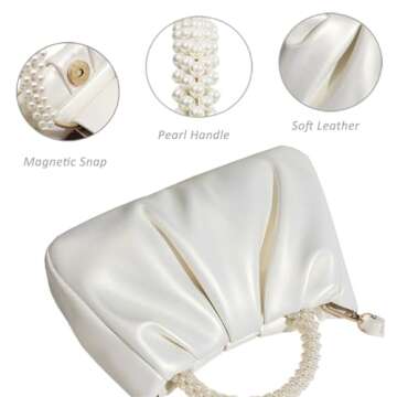 Beatfull Evening Purse Women Small Pearl Handbags Soft Leather Ruched Bag Wedding Bridal Clutch Party Prom Crossbody Purses White