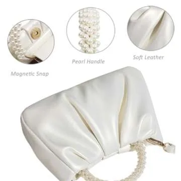 Beatfull Evening Purse Women Small Pearl Handbags Soft Leather Ruched Bag Wedding Bridal Clutch Party Prom Crossbody Purses White
