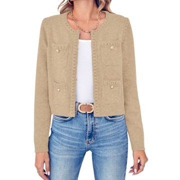 Esobo Womens Knit Cardigan Sweaters Open Front Long Sleeve Cropped Trendy Jacket Outerwear(Apricot,M...